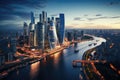 Aerial view of modern skyscrapers in Moscow at sunset. Aerial view of Moscow City with Moscow River, Russia, AI Generated Royalty Free Stock Photo