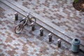 Aerial view. Modern small cobbled square with parking bikes, bic Royalty Free Stock Photo
