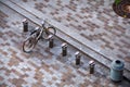 Aerial view. Modern small cobbled square with parking bikes, bic