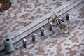 Aerial view. Modern small cobbled square with parking bikes, bic Royalty Free Stock Photo