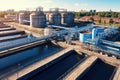 Aerial view of modern water cleaning facility at urban wastewater treatment plant