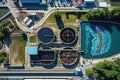 Aerial view of modern water cleaning facility at urban wastewater treatment plant