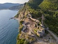 Aerial view of Mogren Fortress, Tvrdava Mogren, it is located in a promontory close to Budva. Montenegro Royalty Free Stock Photo