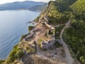 Aerial view of Mogren Fortress, Tvrdava Mogren, it is located in a promontory close to Budva. Montenegro Royalty Free Stock Photo