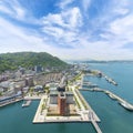 Aerial view Mojiko Retro Town, Kitakyushu cityscape and blue sky and cloud, Kyushu, Japan