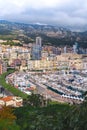 Aerial view of Monaco port. Port Fontvieille, Monaco Ville, topview from Monaco Ville, azure water, harbor, luxury apartments, yac