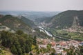 Aerial view of Mondego river in valley and architecture of Penacova, PORTUGAL Royalty Free Stock Photo