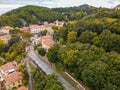 Aerial view of Montenero Sanctuary from drone, Tuscany, Italy