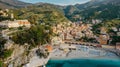 Aerial view of Monterosso and landscape of Cinque Terre,Italy.UNESCO Heritage Site.Picturesque colorful coastal village located on Royalty Free Stock Photo