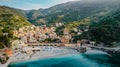 Aerial view of Monterosso and landscape of Cinque Terre,Italy.UNESCO Heritage Site.Picturesque colorful coastal village located on Royalty Free Stock Photo