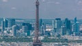 Aerial view from Montparnasse tower with Eiffel tower and La Defense district on background timelapse in Paris, France. Royalty Free Stock Photo