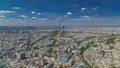 Aerial view from Montparnasse tower with Eiffel tower and La Defense district on background timelapse in Paris, France. Royalty Free Stock Photo