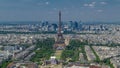 Aerial view from Montparnasse tower with Eiffel tower and La Defense district on background timelapse in Paris, France. Royalty Free Stock Photo