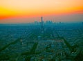 Aerial view, from Montparnasse tower at sunset, view of the Eiffel Tower and La Defense district in Paris, France. Royalty Free Stock Photo