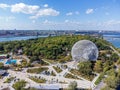 Aerial view of Montreal Biosphere in summer sunny day. Jean-Drapeau park