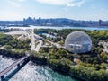 Aerial view of Montreal Biosphere in summer sunny day. Jean-Drapeau park Royalty Free Stock Photo