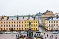 Aerial view of the monument of Alexander II on the Senate square Senaatintori in front of the St. Nicholas Cathedral, Helsinki