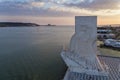 Aerial view of the Monument to the Discoveries Padrao dos Descobrimentos in the city of Lisbon, Portugal, at sunset; Royalty Free Stock Photo