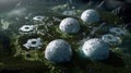 aerial view of a moon colony, greenery at the exteriors and bubbles or domes buildings, space colonization, sci-fi city