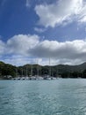 Aerial view: moored sailing catamaran yacht near the Seychelles