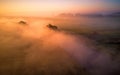 Aerial view of morning foggy river and rural fields Royalty Free Stock Photo