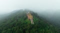 Aerial view at morning mist Wat Phra That Doi Phra Chan. and Daibutsu Buddha on the greenery mountain in the rainforest north of