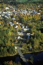 Aerial view of Morrisville, VT in Autumn on Scenic Route 100 at sunset