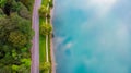 Aerial view of Most Na Soci lake in beautiful colors near Tolmin