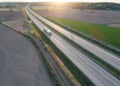 Aerial view of motion blurred truck on highway Royalty Free Stock Photo