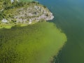 Aerial view of a motor boat in navigation that runs along an area full of water lilies. Lake Skadar, Montenegro Royalty Free Stock Photo