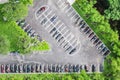 Aerial view of motorcycles parking row on concrete floor. Royalty Free Stock Photo