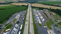 Aerial view of motorway and car parks in Hohe Borde, Germany.