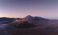 Aerial view of Mount Bromo at sunrise. An active volcano, one of the most visited tourist attractions in east Java from viewpoint Royalty Free Stock Photo