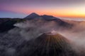 Aerial view of Mount Bromo at sunrise. An active volcano, one of the most visited tourist attractions in east Java from viewpoint Royalty Free Stock Photo