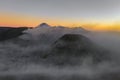 Aerial view of Mount Bromo at sunrise. An active volcano, one of the most visited tourist attractions in east Java from viewpoint Royalty Free Stock Photo