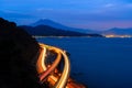 Aerial view of Mountain Fuji with express way, roads at night in Royalty Free Stock Photo