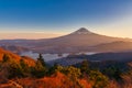 Aerial view of Mountain Fuji with morning mist or fog at sunrise in Fujikawaguchiko, Yamanashi, Japan. Mountain Fuji and Kawaguchi