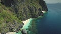 Aerial view of mountain island, green tropic forest. Landscape of ocean bay greenery cliff shore