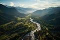 Aerial view of the mountain river in the valley in the morning