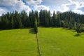 Aerial view of a mountain road in Bucovina Romania withe amazing forest landscape next to it Royalty Free Stock Photo