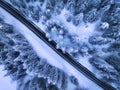 Aerial view of mountain road in fairy forest in snow in winter Royalty Free Stock Photo