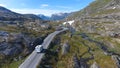 Aerial view of mountain and road to Dalsnibba, travelling caravan, Norway Royalty Free Stock Photo