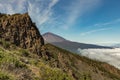 Aerial view of Mountain Teide and La Orotava valley , partly covered by the clouds. Bright blue sky. Teide National Park, Tenerife Royalty Free Stock Photo