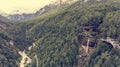 Aerial view of mountain valley with double water fall. Royalty Free Stock Photo