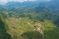 Aerial view of mountain valley villages and rice terraces