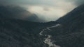 Aerial view mountains landscape. Hiking group walking on mountain trail Royalty Free Stock Photo