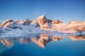 Aerial view at the mountains and reflection on the water surface. Lofoten islands, Norway. Royalty Free Stock Photo