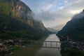 Aerial view of mountains and river Nong Khiaw. North Laos. Southeast Asia. Photo made by drone from above. Bird eye view