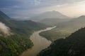 Aerial view of mountains and river Nong Khiaw. North Laos. Southeast Asia. Photo made by drone from above. Bird eye view Royalty Free Stock Photo