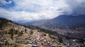 Aerial view on mountanious city of Huaraz with Houses on slopes of mountains.